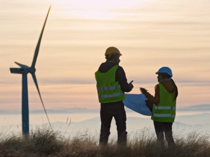 Two wind turbine engineers at sunset